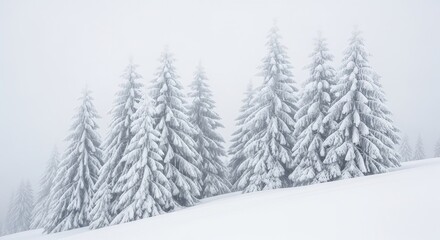 Obraz premium Dense Group of Snow-Laden Fir Trees on a Snowy Hillside in Heavy Mist or Fog