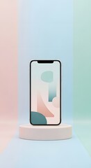 Modern smartphone with a sleek design displayed on a minimalist pedestal against a pastel-colored background, emphasizing technology and innovation in mobile devices