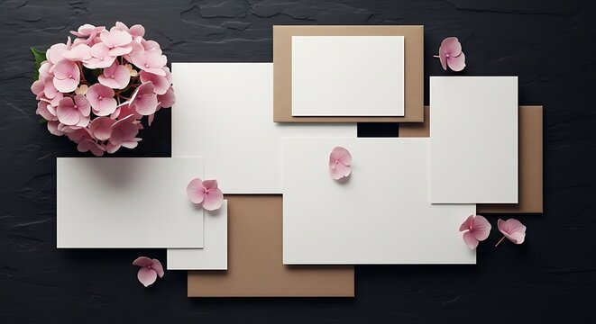 Flat lay of blank white cards and envelopes with pink hydrangea flowers on dark background - Powered by Adobe
