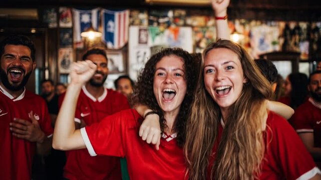 Excited group of friends cheering in a lively bar, glasses raising as celebration fills the frame - energetic social scene suited to nightlife, pub branding, events and community clips.
