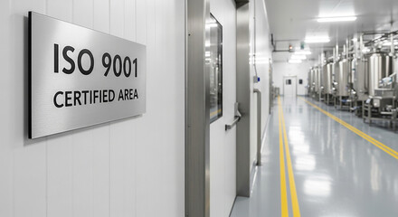 Brushed metallic sign for ISO 9001 Certified Area in an immaculate food processing plant corridor, showcasing high hygiene standards, cleanroom design, and strict process control