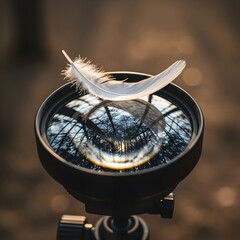 Close-up of a white feather resting on the edge of a camera lens with a reflection of trees and sky, creating a serene and artistic composition