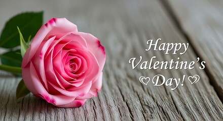 Single pink rose with dew drops on a rustic wooden surface with text happy valentines day