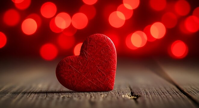 Closeup of a textured red heart on a rustic wooden surface with blurred red bokeh lights