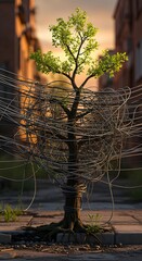 A young tree with bright green leaves growing amidst tangled metal wires in an urban setting during sunset