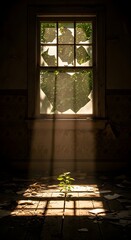 Sunlight streams through a broken window, casting shadows of leaves onto the dusty floor inside an abandoned building