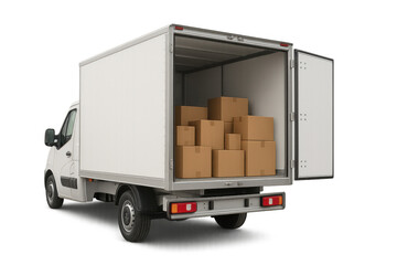 White delivery truck loaded with cardboard boxes, transporting goods, logistics and shipping services on a transparent background