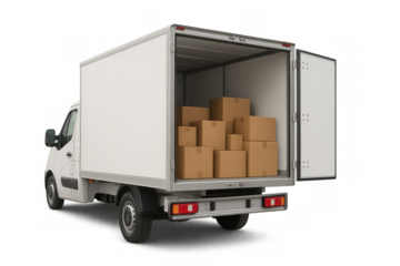 White delivery truck loaded with cardboard boxes, transporting goods, logistics and shipping services on a transparent background