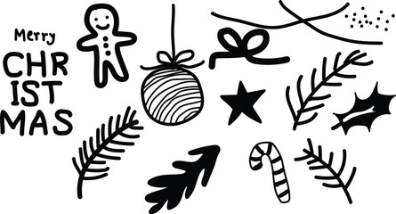 illustration: hand-drawn christmas elements or decoration with christmas balls, ribbon, star, garland and fir tree twigs with snow set isolated on white or transparent png