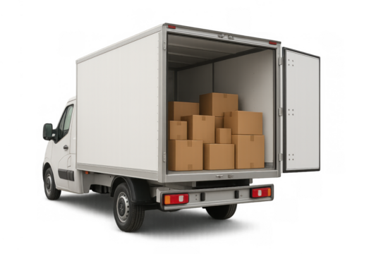 White delivery truck loaded with cardboard boxes, transporting goods, logistics and shipping services on a transparent background - Powered by Adobe