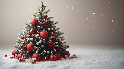 A beautifully decorated Christmas tree stands in a warm indoor space, adorned with red ornaments and sparkling lights, surrounded by gifts and festive decorations on soft white snow.