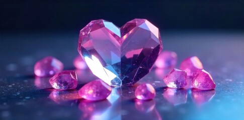 Fototapeta premium Crystal Heart Reflection A perfectly clear, faceted crystal heart positioned on a mirrored surface. Light refracts through the crystal, casting soft, iridescent reflections and subtle rainbow hues