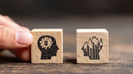 Human hand positions wooden blocks representing artificial intelligence and analytical thinking side by side