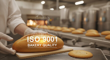 Quality technician in white glove holding fresh loaf of bread displaying ISO 9001 Bakery Quality augmented text over industrial tunnel oven line