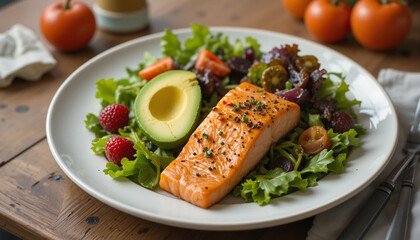 Nutritious diabetic menu featuring grilled salmon on a bed of fresh greens and avocado

