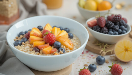 Healthy breakfast bowl for diabetics with oatmeal topped with berries and fruits