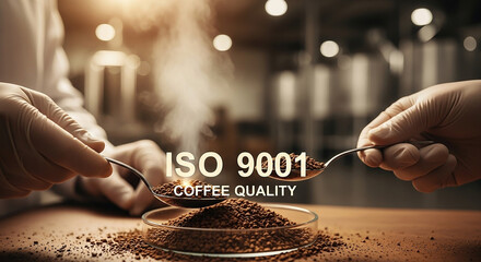Quality technician in white gloves sampling coffee granules, displaying ISO 9001 Coffee Quality augmented text over modern instant coffee processing line