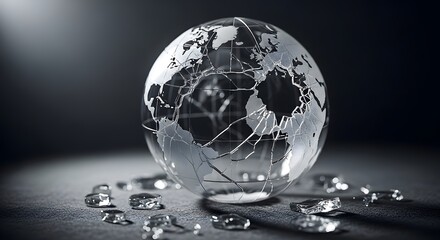 A glass globe with a metallic finish displaying a world map, surrounded by scattered crystals on a dark surface, symbolizing global connectivity and modern technology