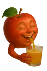 Surrealistic illustration: An anthropomorphic apple pouring apple juice from its mouth into a glass	