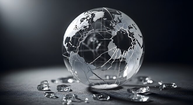 A glass globe with a metallic finish displaying a world map, surrounded by scattered crystals on a dark surface, symbolizing global connectivity and modern technology