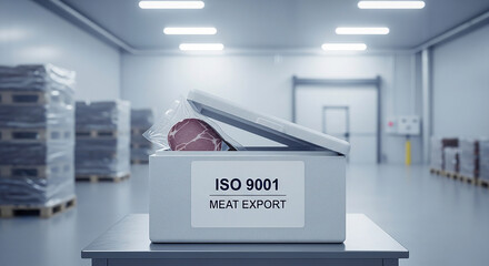 Refrigerated thermal box displaying ISO 9001 Meat Export label, with vacuum sealed red meat visible in a cold chain distribution warehouse