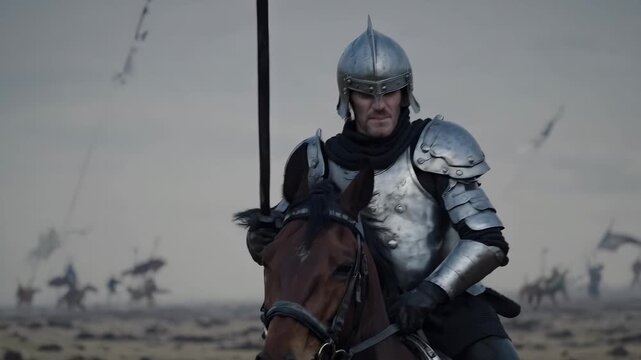 Knight charges on horse with lance. Armored warrior wears helmet and plate armor. Medieval cavalry advances across open plain. Battle spears and riders fill horizon. Intense focus on rider and motion.
