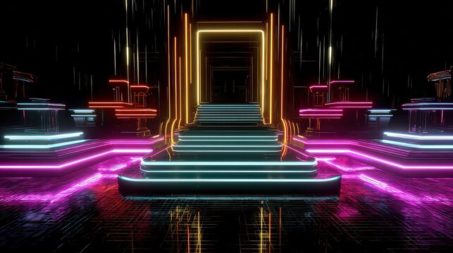 Abstract Neon Lit Staircase in Dark Room with Geometric Shapes and Reflective Surface for Modern Sci-Fi Visuals - Powered by Adobe