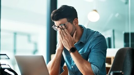 Stressed businessman rubbing eyes at desk feeling overwhelmed by work and exhaustion 4k video