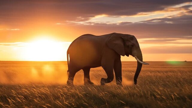 Majestic Elephant Silhouette: Graceful stride across golden savanna plains at sundown