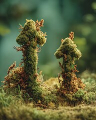 Abstract Green And Brown Forest Structure With Moss And Bokeh Effect