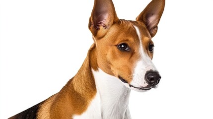 basenji. Adorable basenji dog with brown and white fur, joyfully posing against a white backdrop. wildlife magazines, conservation campaigns, designed for eco-tourism storytelling.