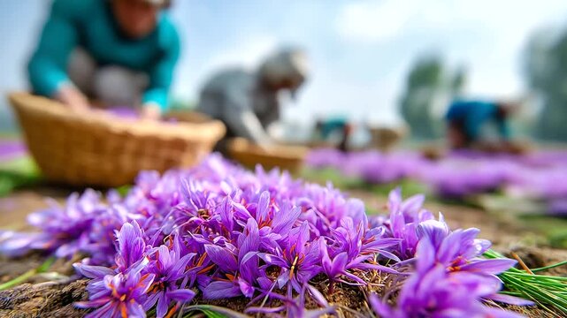 Saffron fields in Kashmir, pickers bending among purple blossoms, India, Kashmir, saffron, harvest, agriculture, landscape, culture, spice, with copy space