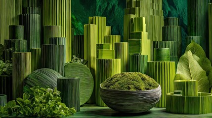 Abstract Green Geometric Cityscape with Organic Textures in Light and Shadow Creates a Fantasy Cityscape with Green Color Scheme and Textured Surfaces