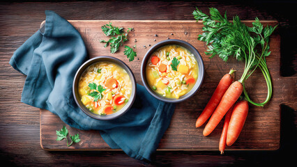 Fictional vegetable Orzo Soup, one-pot meal with pasta shaped like a large grain of rice. Top-view, with carrots, a blue napkin and a wooden board. Concept of meals for cold days.    