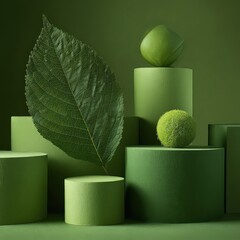 Abstract Green Still Life with Geometric Shapes and Glitter Leaf Composition