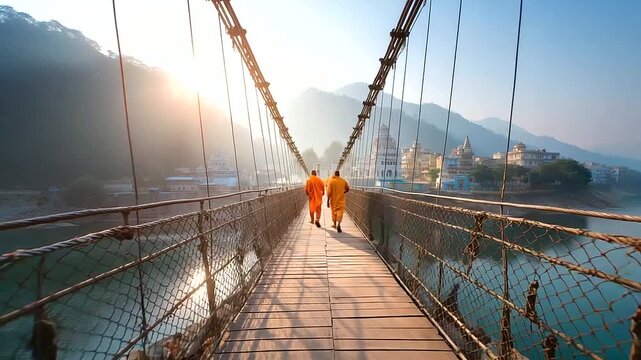 Rishikesh suspension bridge with sadhus crossing, misty hills beyond, India, Rishikesh, Ganga, bridge, spirituality, yoga town, Himalaya, travel, with copy space