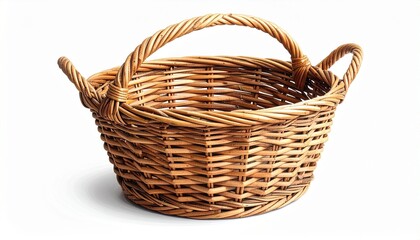 Obraz premium Empty woven wicker basket with arched handle on white background, rustic and handcrafted.