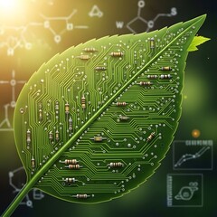 Close-up of a green leaf with a detailed electronic circuit pattern overlay, symbolizing the integration of nature and technology for sustainable innovation