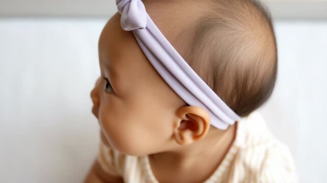 Adorable asian baby with headband smiling upwards