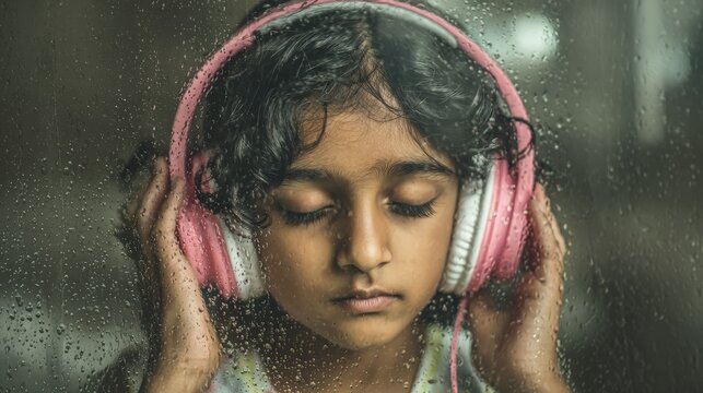 Young child peacefully listens to music while wearing bright pink headphones behind a rain-streaked window pane