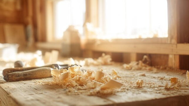 shavings. Wooden workbench with carpentry tools and a half-finished furniture piece, wood shavings scattered. safety posters.