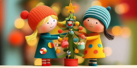 Naklejka premium Festive Dolls Adding Star Topper to Christmas Tree in Warm Winter Interior