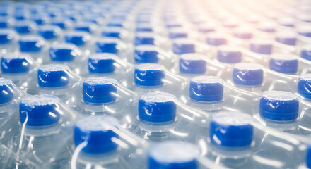 Obraz premium Rows of plastic bottles with blue caps on an industrial production line in a beverage factory