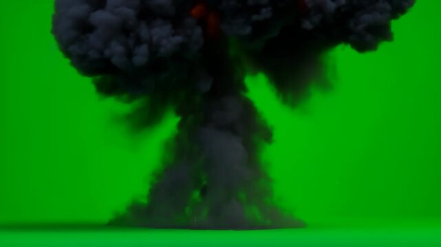 Massive fiery explosion with smoke and debris on green screen for visual effects 4k video