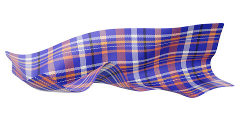 Fototapeta premium Blue, Orange, and White Plaid Tartan Fabric on Transparent Background. Plaid Fabric Floating in Air. Blue, Orange, and White Checkered.