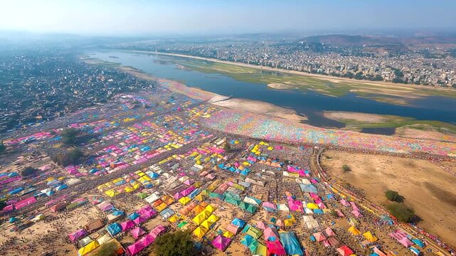 Kumbh Mela aerial scene of colorful tents and river confluence, vast gathering, India, Kumbh Mela, pilgrimage, festival, religion, crowd, culture, sacred river, with copy space