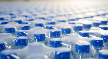 Obraz premium Vast array of blue-capped plastic beverage bottles neatly organized for large-scale distribution