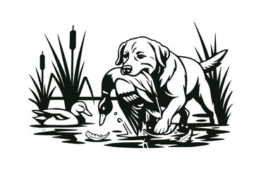 Labrador Retriever Duck Hunt Vector Art - Black and White Hunting Dog with Mallard