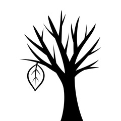 Bare Tree Silhouette with Single Outline Leaf (Autumn)