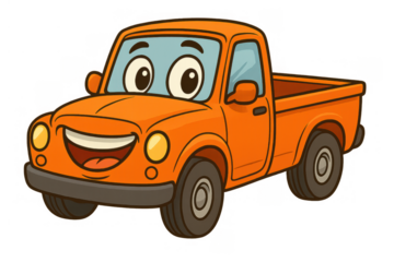 Cartoon orange pickup truck character with big smiling face, having fun, expressing positive emotions, transparent background
